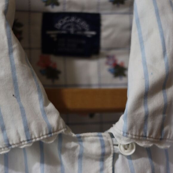 Dockers Feminine Striped Button Down Ruffle Short Sleeve Shoulder Pad Shirt Medi - Picture 5 of 10